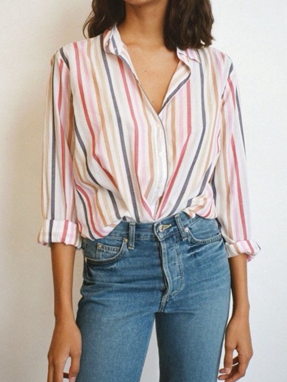 Xirena Beau Stripe Long Sleeve Button Down Shirt Vertical Stripe Size L EUC